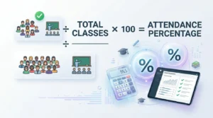 Student calculating attendance percentage using a laptop