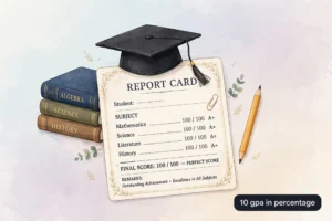 Report card showing a perfect score with graduation cap, illustrating 10 GPA in percentage