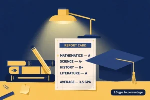 Academic illustration of a report card averaging 3.5 GPA with books, pencil and graduation cap