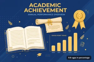 Gold medal, certificate and rising grade-point chart celebrating 9.8 cgpa in percentage achievement