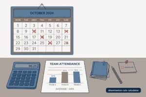 Featured illustration for the absenteeism rate calculator guide showing an office calendar with marked absences, calculator, and team attendance chart