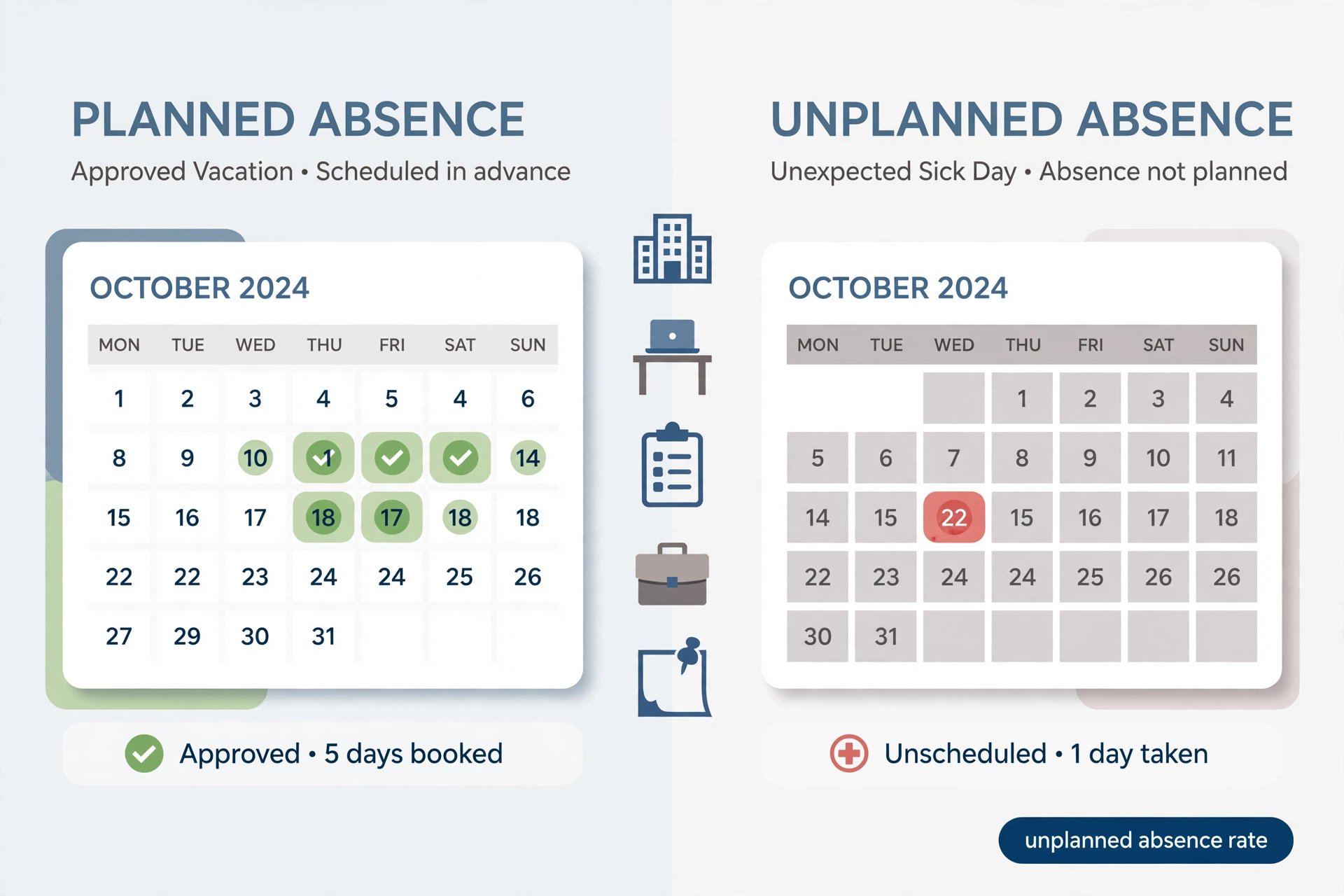 Workplace illustration contrasting a planned absence calendar with an unplanned absence calendar