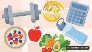 Fitness flat lay with dumbbell, measuring tape, calculator and healthy foods, illustrating an accurate TDEE calculator