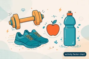 Flat illustration of dumbbells, running shoes, an apple and a water bottle representing the activity factor chart for TDEE