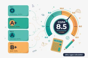 Featured illustration for the AKTU CGPA calculator guide showing semester grade cards merging into a CGPA gauge dial