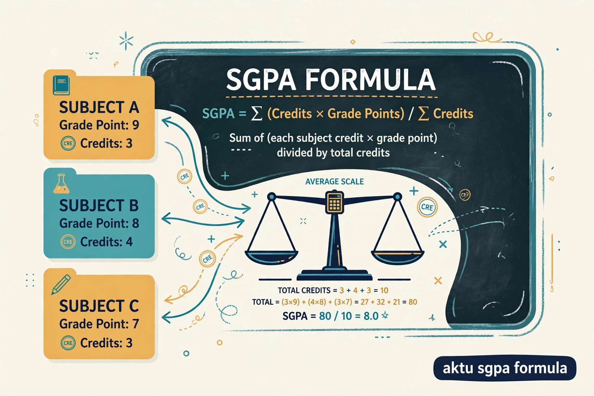 Academic illustration showing the AKTU SGPA formula with subject credits and grade points on a chalkboard