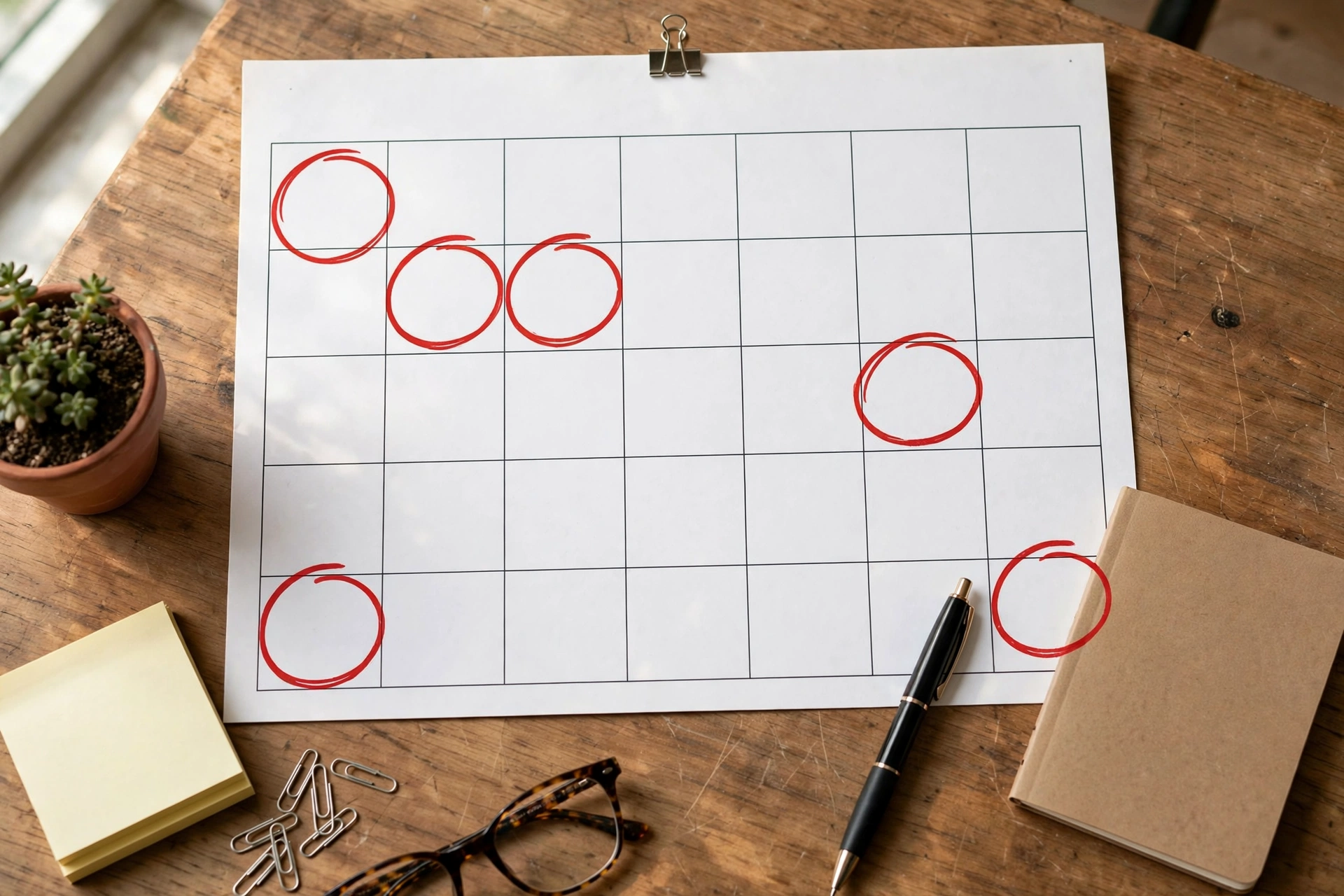 Calendar with marked dates on office desk