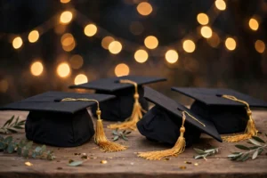 Graduation caps on table
