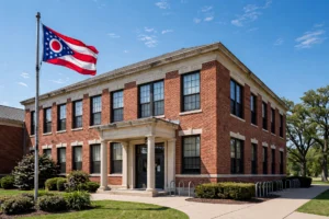 School building with Ohio flag