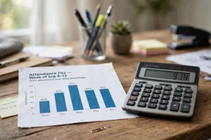 Calculator and attendance chart on desk
