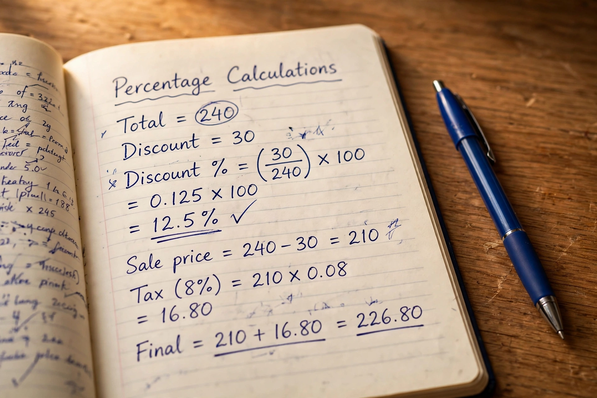 Math formula notebook with percentage calculation