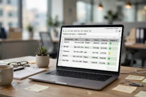 Laptop showing attendance spreadsheet