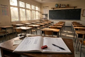 Empty classroom with attendance register