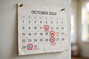 Wall calendar with circled dates