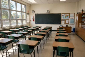 Photo of an empty classroom with large windows, wall clock and chalkboard