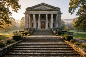Photo of a neoclassical stone building with columns framed by autumn trees