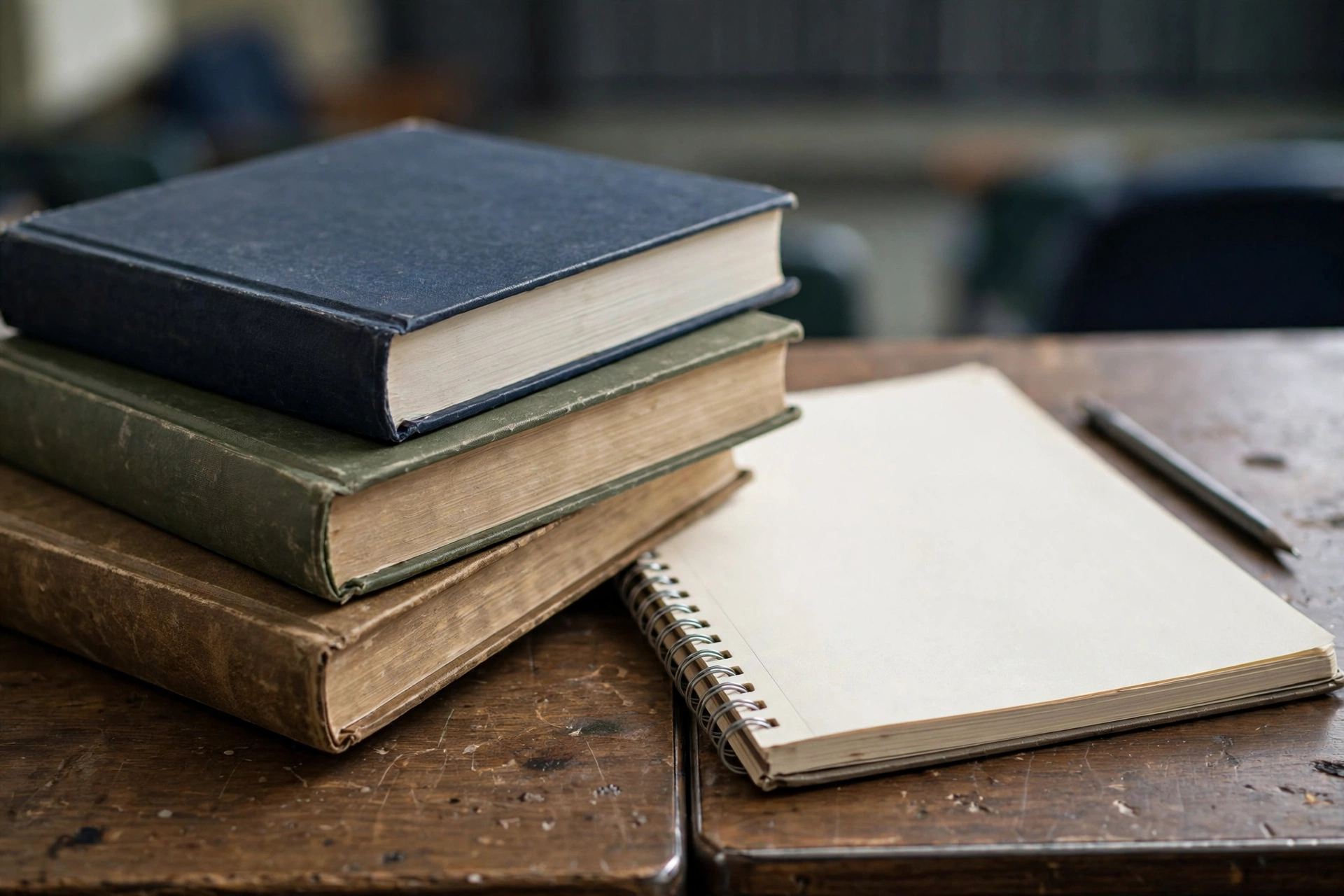 College textbooks on a lecture hall desk