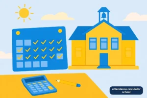 Featured illustration for the school attendance calculator guide showing a school building, attendance calendar, and calculator