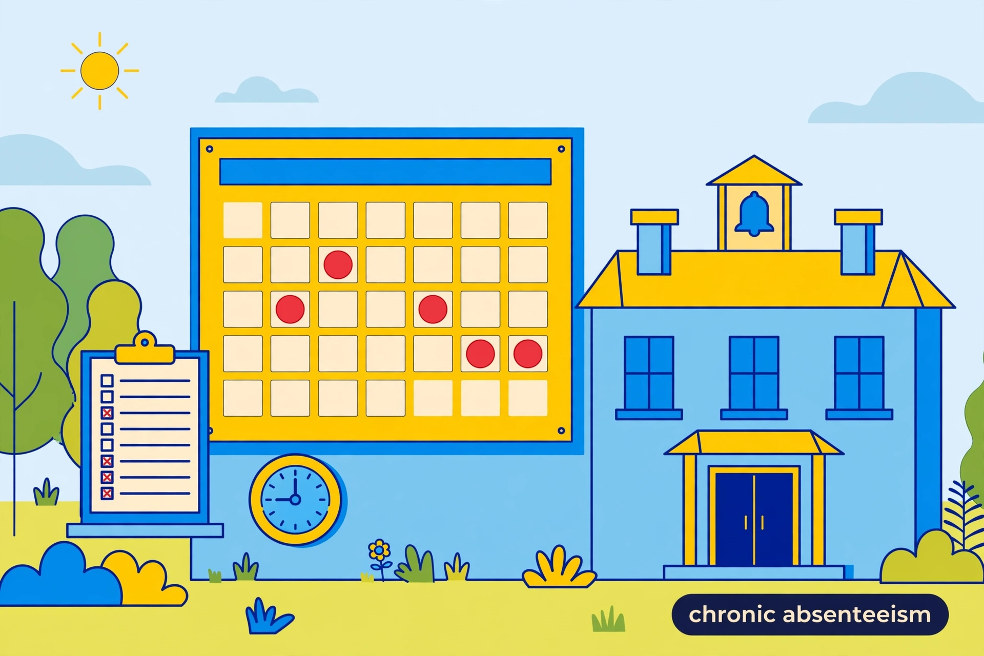 School illustration about chronic absenteeism with a calendar marking missed days
