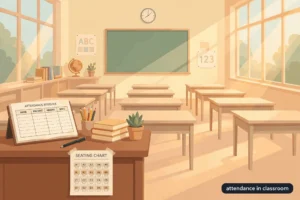 Featured illustration for the classroom attendance guide showing a teacher's desk with an attendance register, seating chart, and empty classroom in morning light