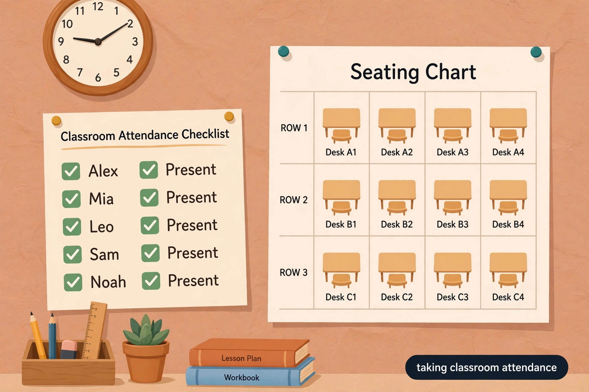 Classroom attendance checklist with present checkmarks beside a seating chart and wall clock