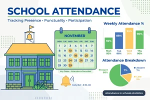 School building, calendar and attendance charts illustrating attendance in schools statistics