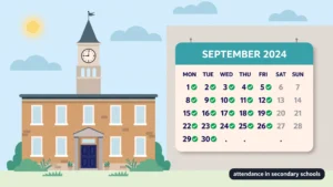 School building illustration with a calendar and attendance checkmarks for secondary schools