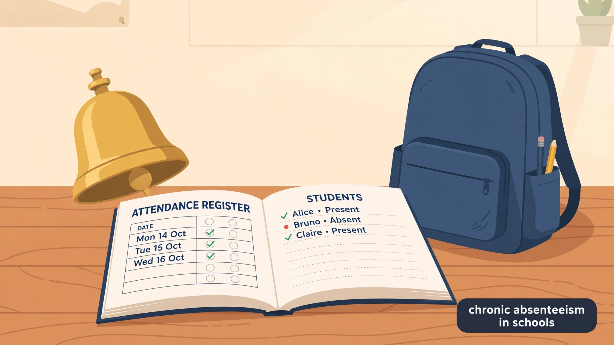 School bell and attendance register with a backpack, illustrating why school attendance matters