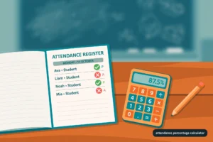 Attendance register with present and absent marks beside a calculator showing an attendance percentage