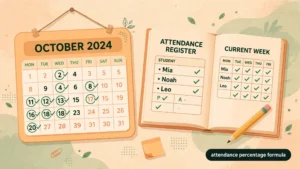 Wall calendar and open attendance register with checkmarks, badge reads attendance percentage formula