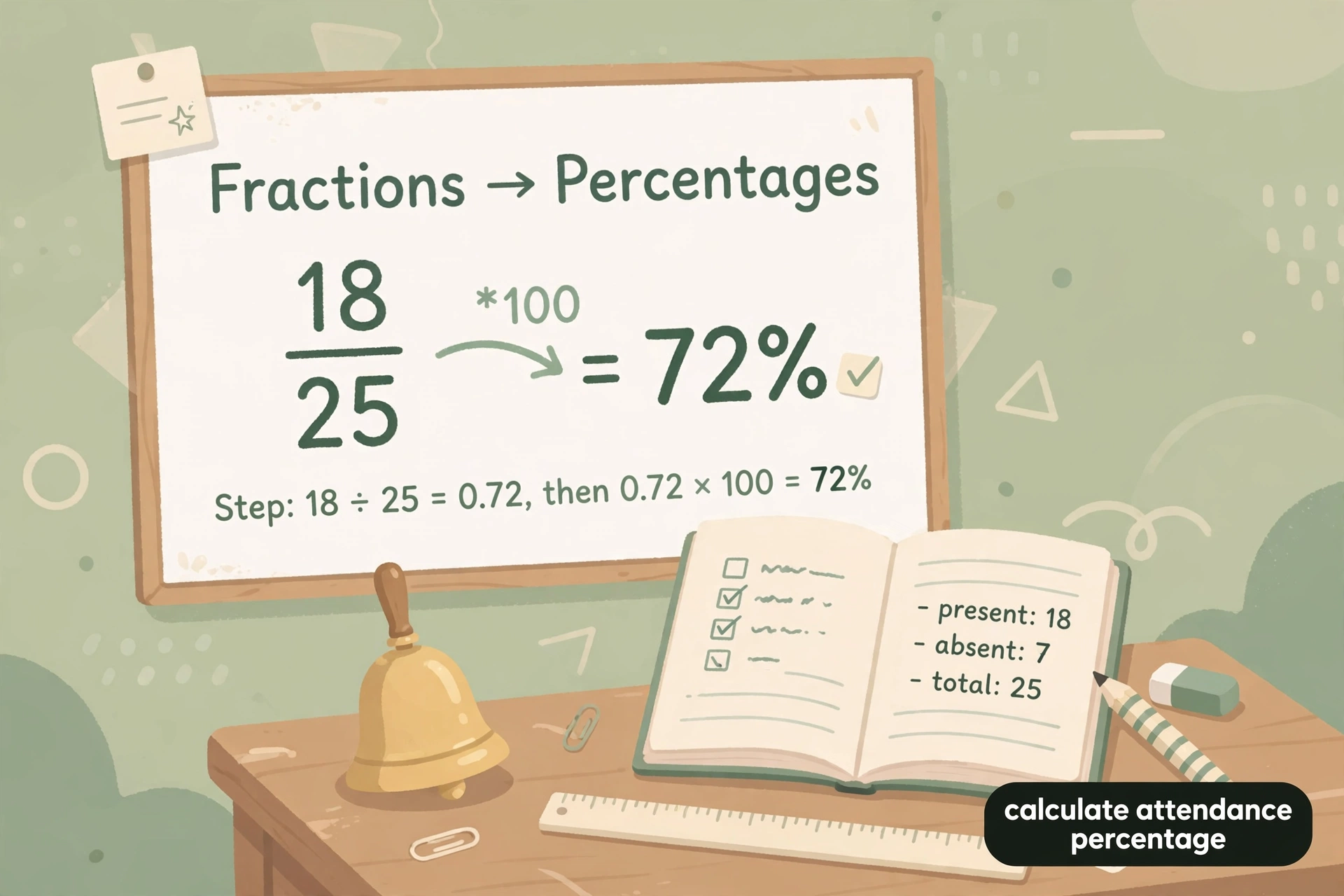 Whiteboard showing a fraction converting to a percentage with the multiplication-by-100 step, beside an attendance notebook