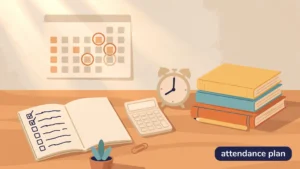 Student planning desk with a checklist notebook, calendar with circled dates, calculator and alarm clock, illustrating an attendance plan