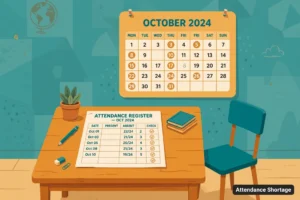 Classroom desk with attendance register and calendar illustrating attendance shortage