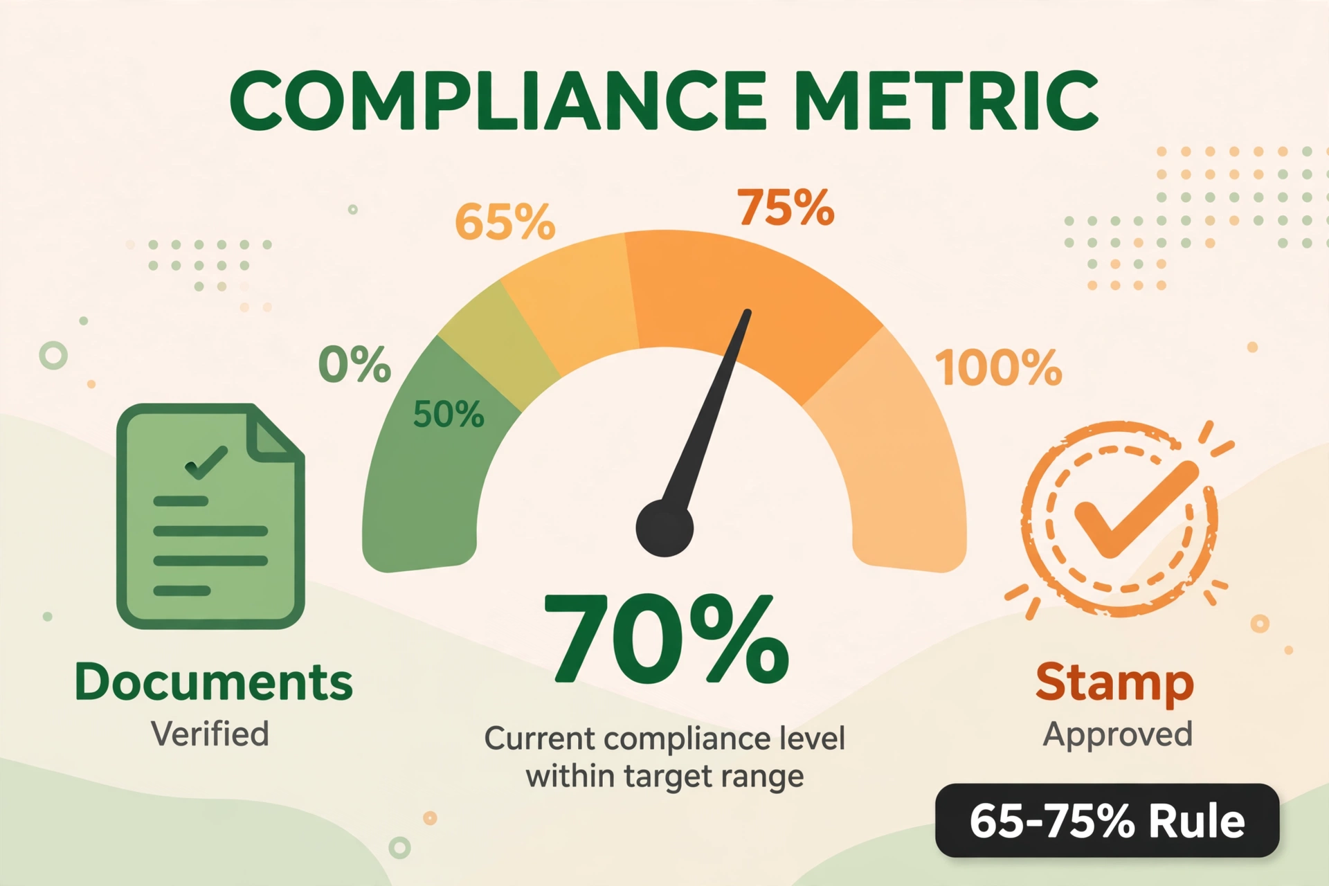 Gauge showing 70 percent attendance inside the 65 to 75 percent condonation window with verified documents