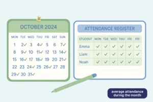 School-themed illustration of a wall calendar and attendance register for average attendance during the month