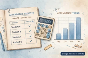 Illustration of an attendance register, calculator showing 92.5%, and attendance trend chart explaining the average attendance formula
