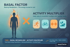 Basal factor infographic showing resting metabolism multiplied by the activity multiplier to calculate TDEE