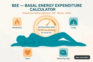 Featured illustration for the BEE calculator guide showing a resting body silhouette with a calorie gauge and metabolism icons