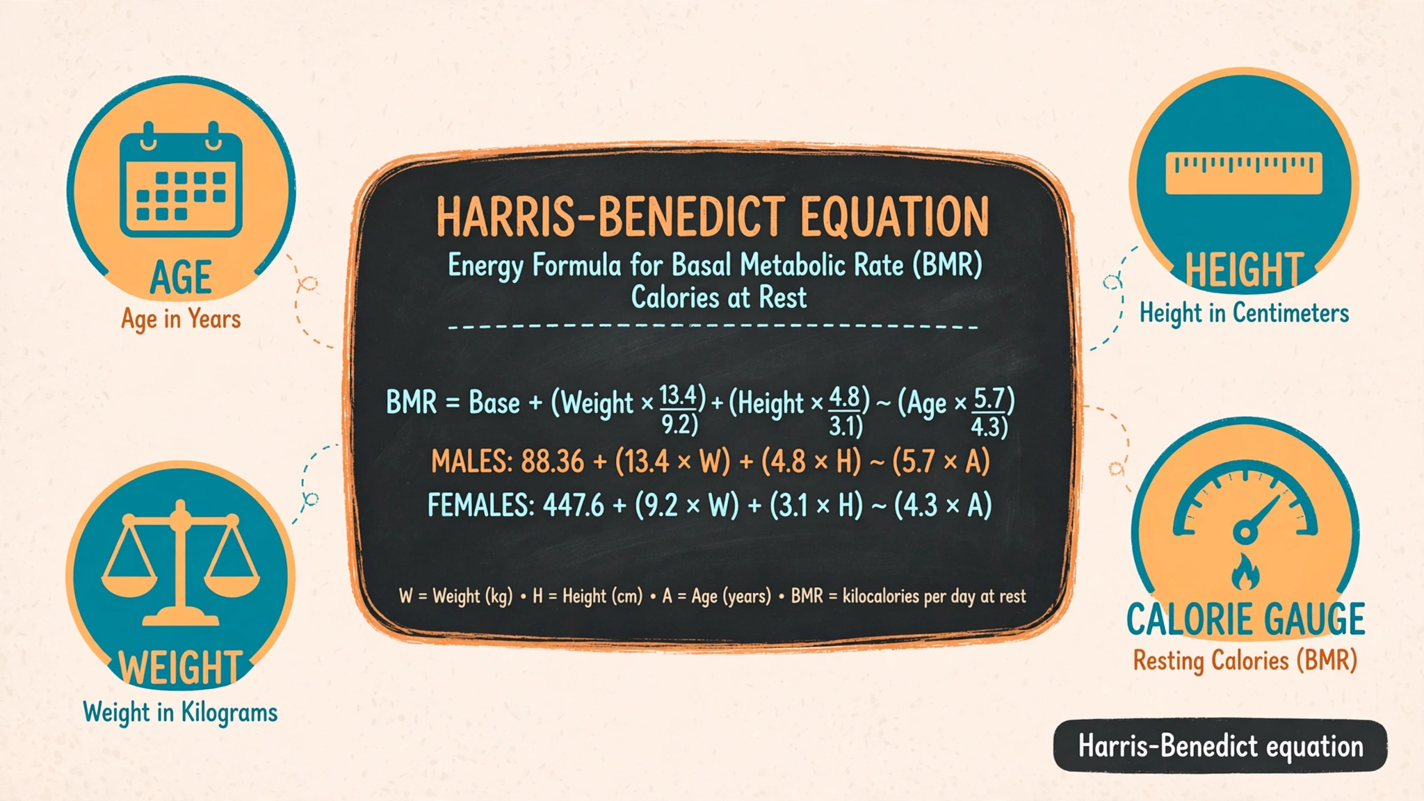 Chalkboard-style illustration of the Harris-Benedict equation with age, height, weight, and calorie gauge icons