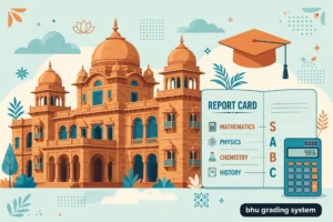 Historic Indian university building with a graduation cap and a report card showing letter grades for the BHU grading system guide