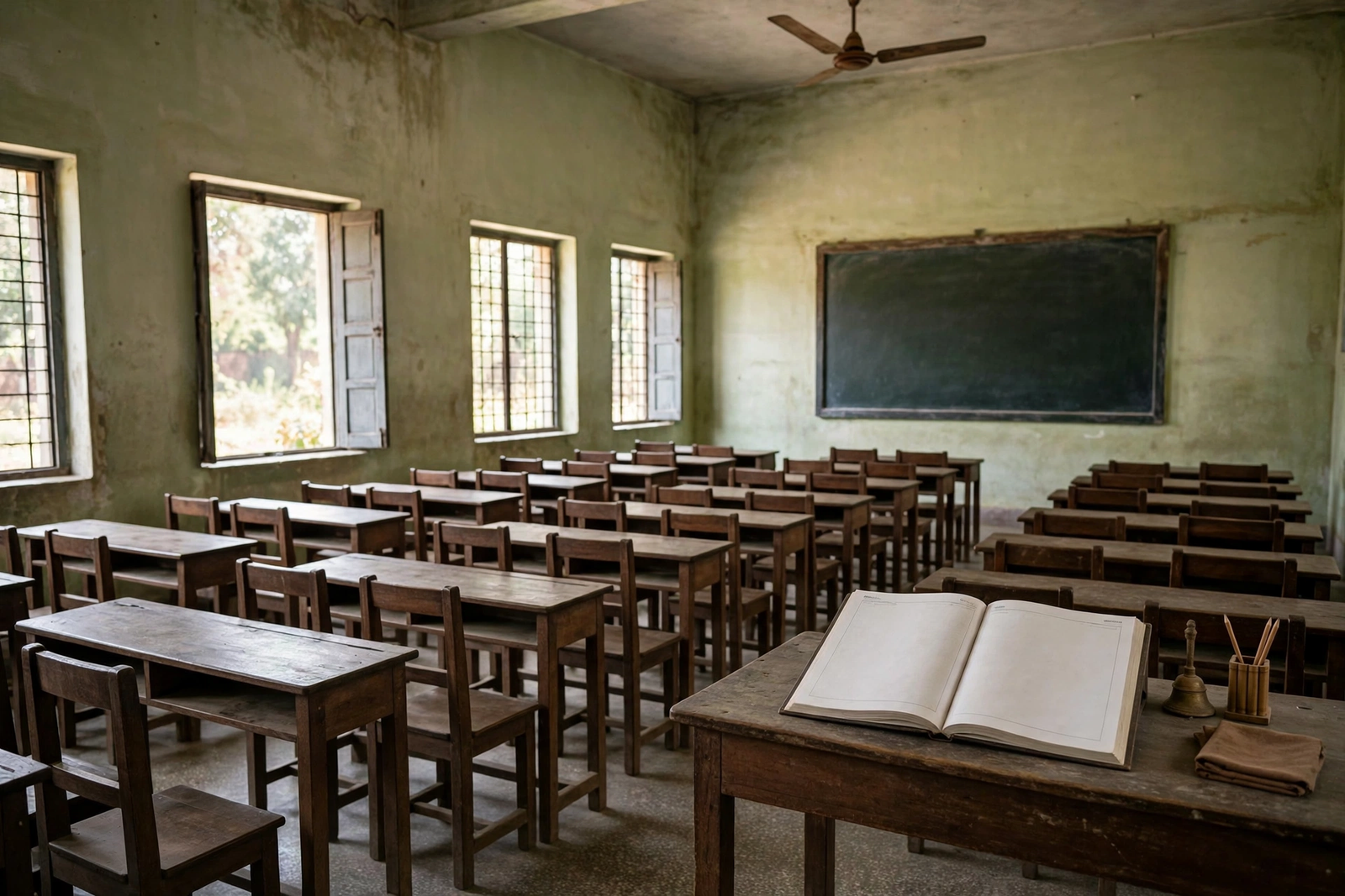Empty classroom in a Bihar school with an open attendance register