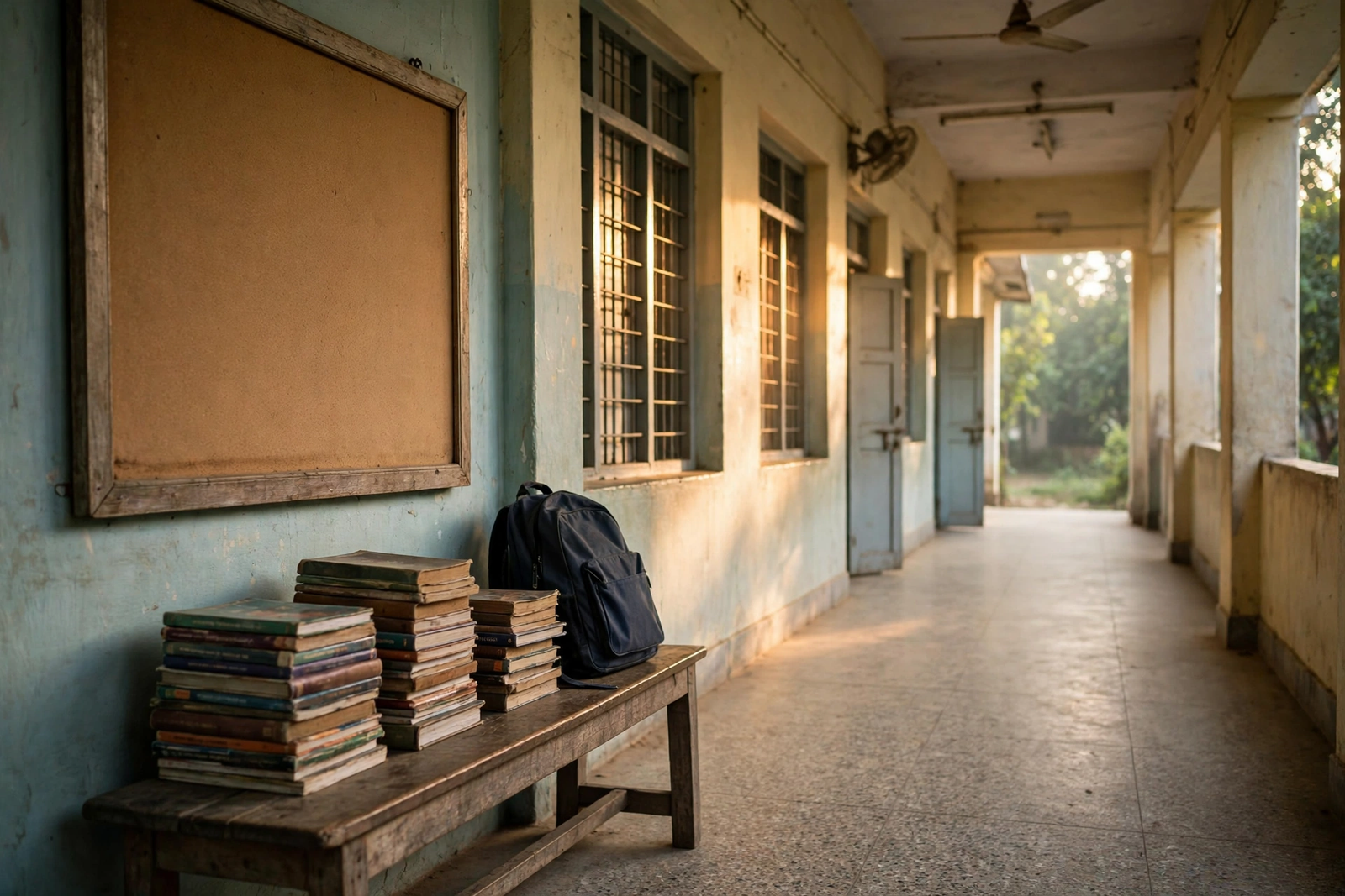 School corridor in Bihar with books and a blank notice board