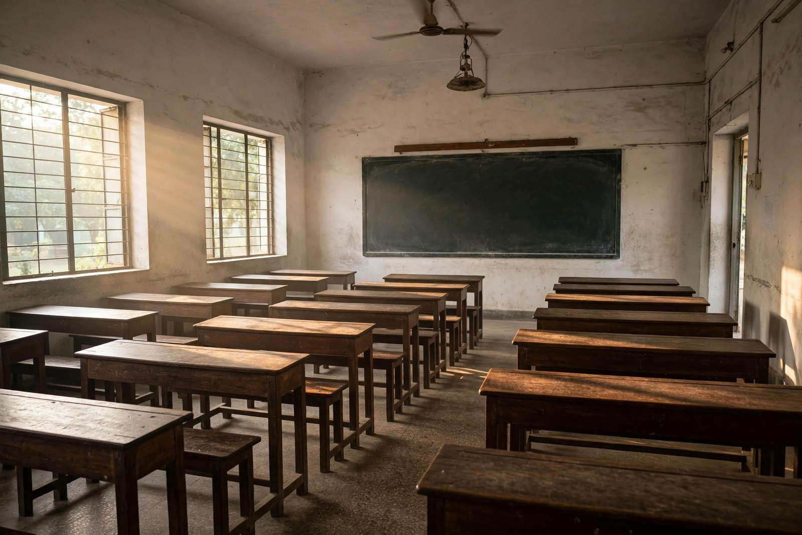 Empty classroom with wooden desks and blackboard in a Bihar model school