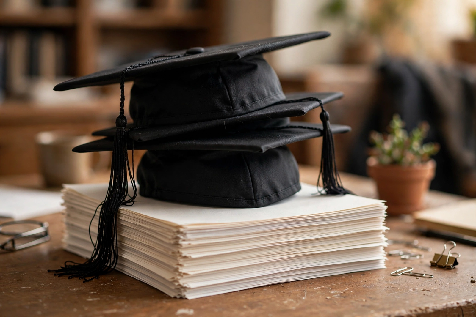Graduation caps and exam papers on a university desk