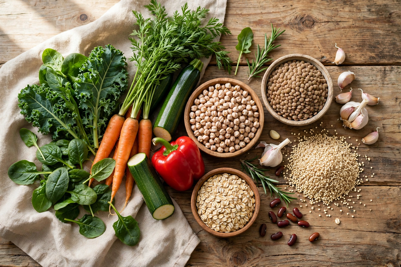 Fresh vegetables and whole grains arranged for a balanced calorie-controlled meal
