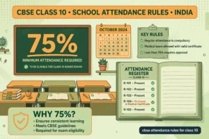 CBSE Class 10 attendance rules illustration with a chalkboard showing the 75 percent minimum attendance requirement