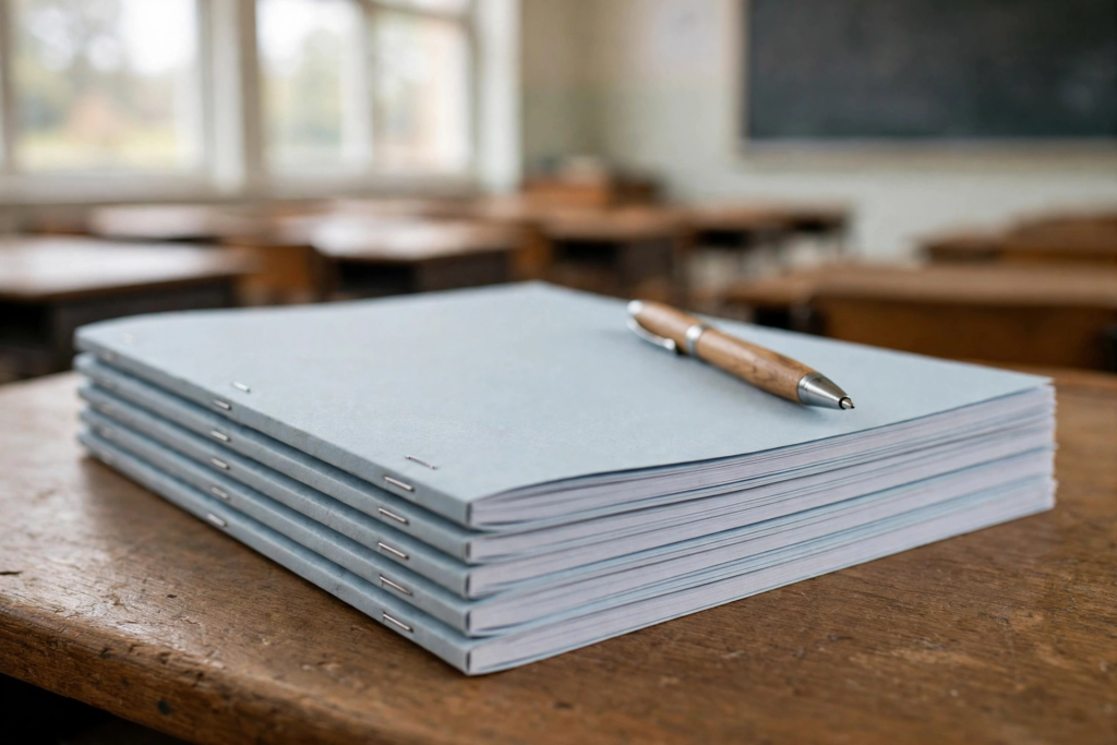 Stack of blank exam answer booklets and a pen on a teacher's desk