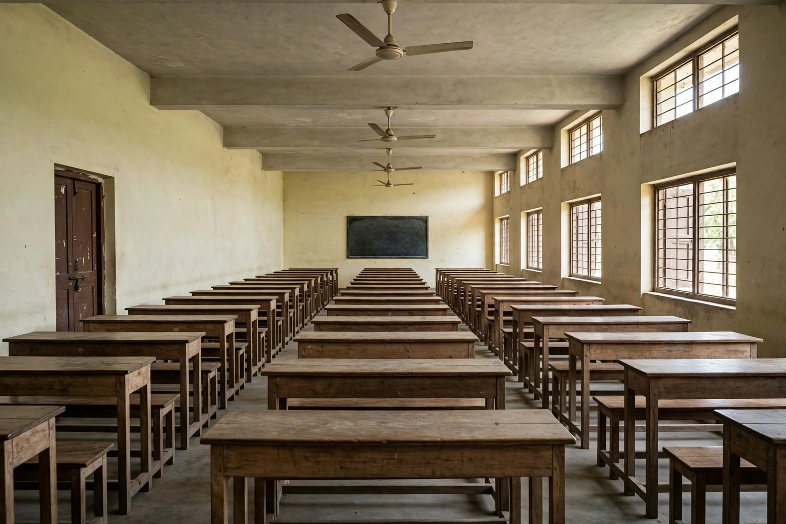 Empty CBSE examination hall with desks arranged for Class 10 and 12 board exams.