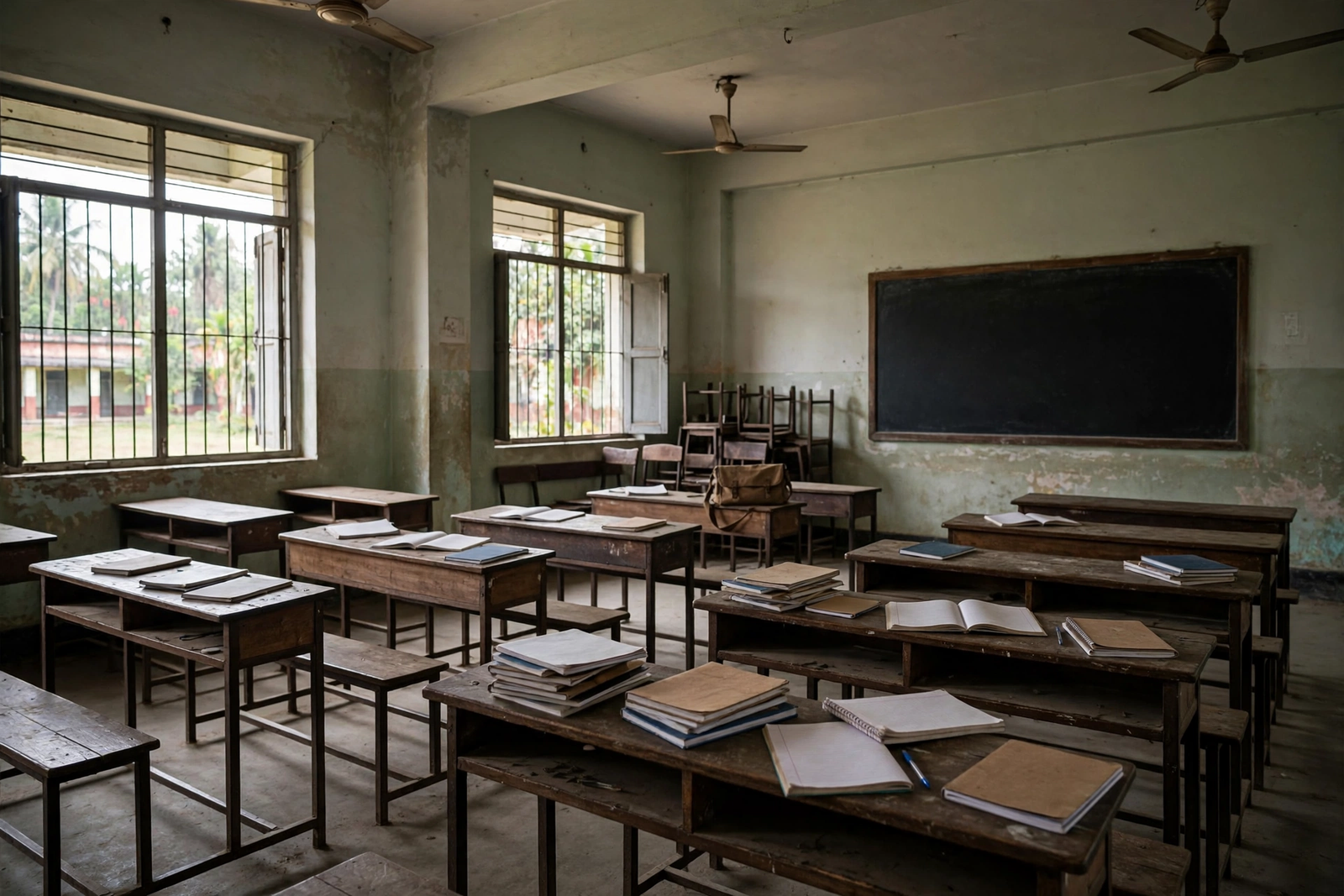 Empty Indian classroom with notebooks on desks