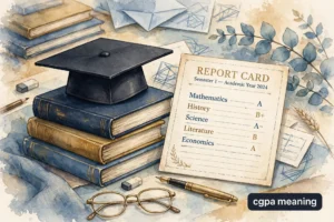 Watercolor illustration of a graduation cap on stacked books beside a report card with letter grades, badge reading cgpa meaning